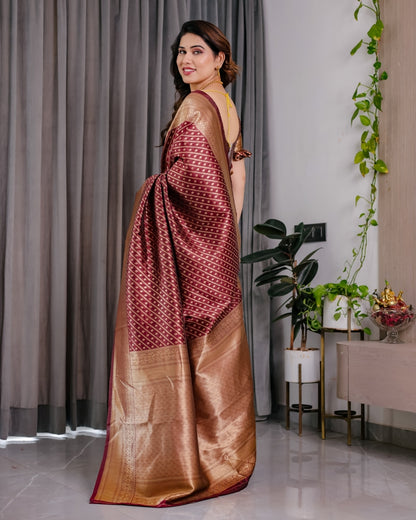 Maroon Banarasi Soft Silk Saree With Golden Zari Border for Women