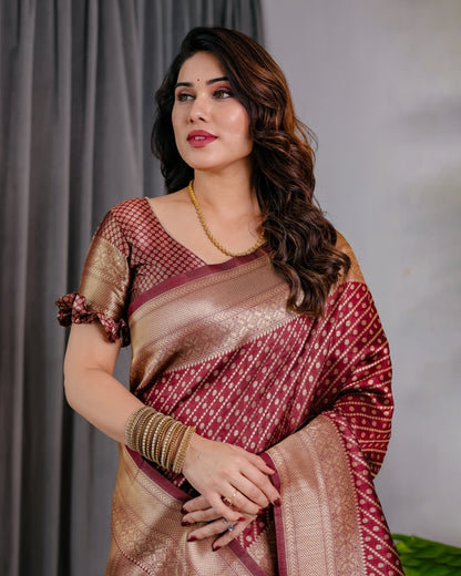 Maroon Banarasi Soft Silk Saree With Golden Zari Border for Women