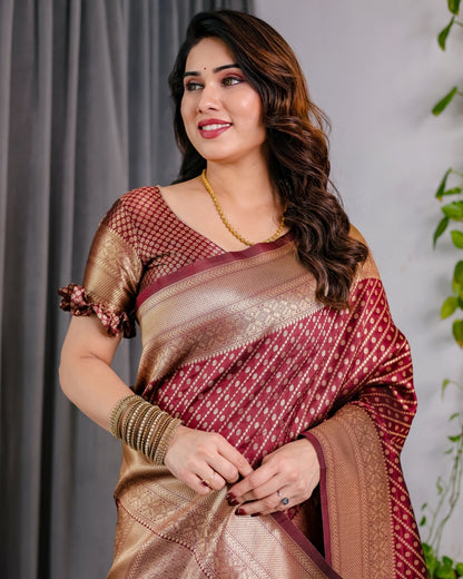 Maroon Banarasi Soft Silk Saree With Golden Zari Border for Women