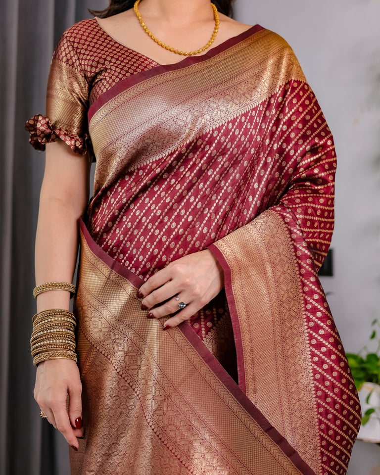 Maroon Banarasi Soft Silk Saree With Golden Zari Border for Women
