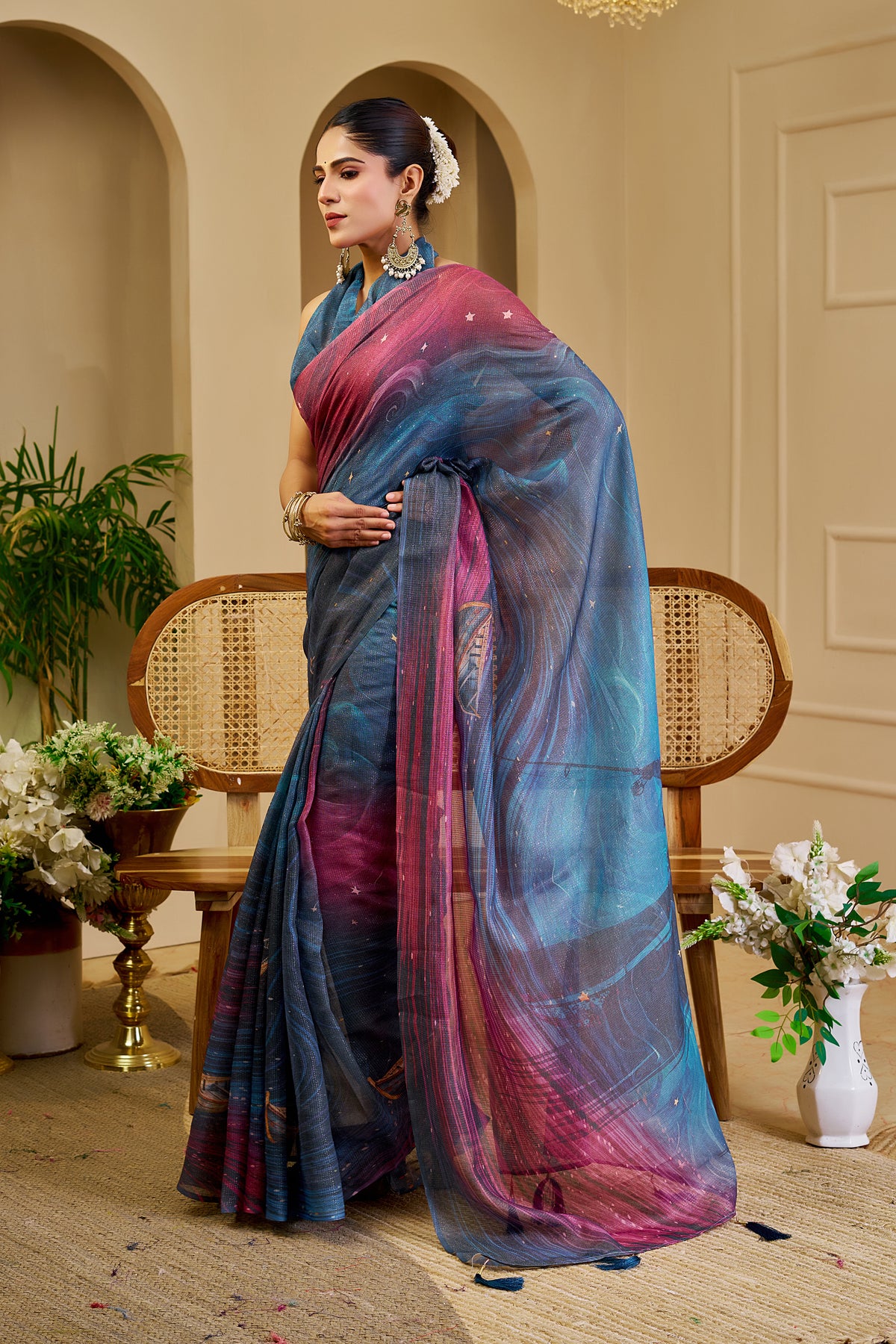 Blue Wine Tissue Handloom Cotton Saree with Shimmer Print for Women