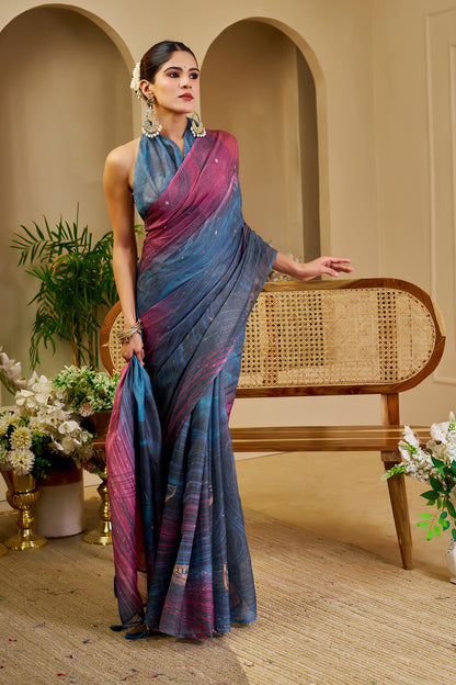 Blue Wine Tissue Handloom Cotton Saree with Shimmer Print for Women