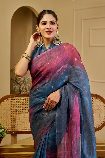 Blue Wine Tissue Handloom Cotton Saree with Shimmer Print for Women