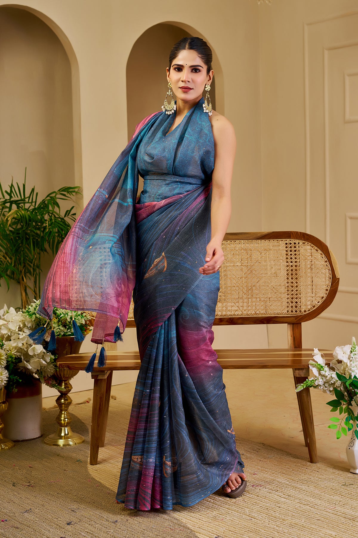 Blue Wine Tissue Handloom Cotton Saree with Shimmer Print for Women