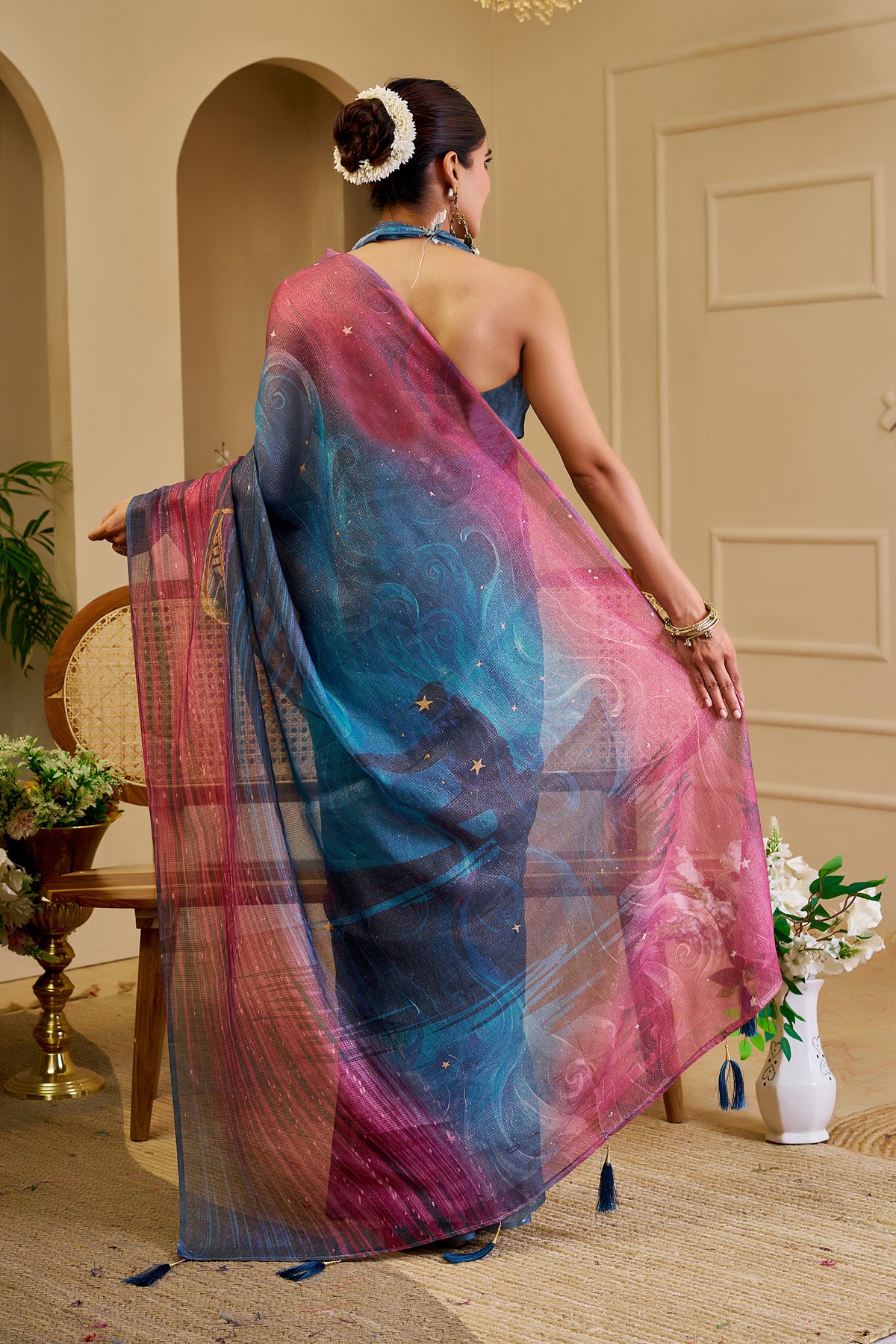 Blue Wine Tissue Handloom Cotton Saree with Shimmer Print for Women
