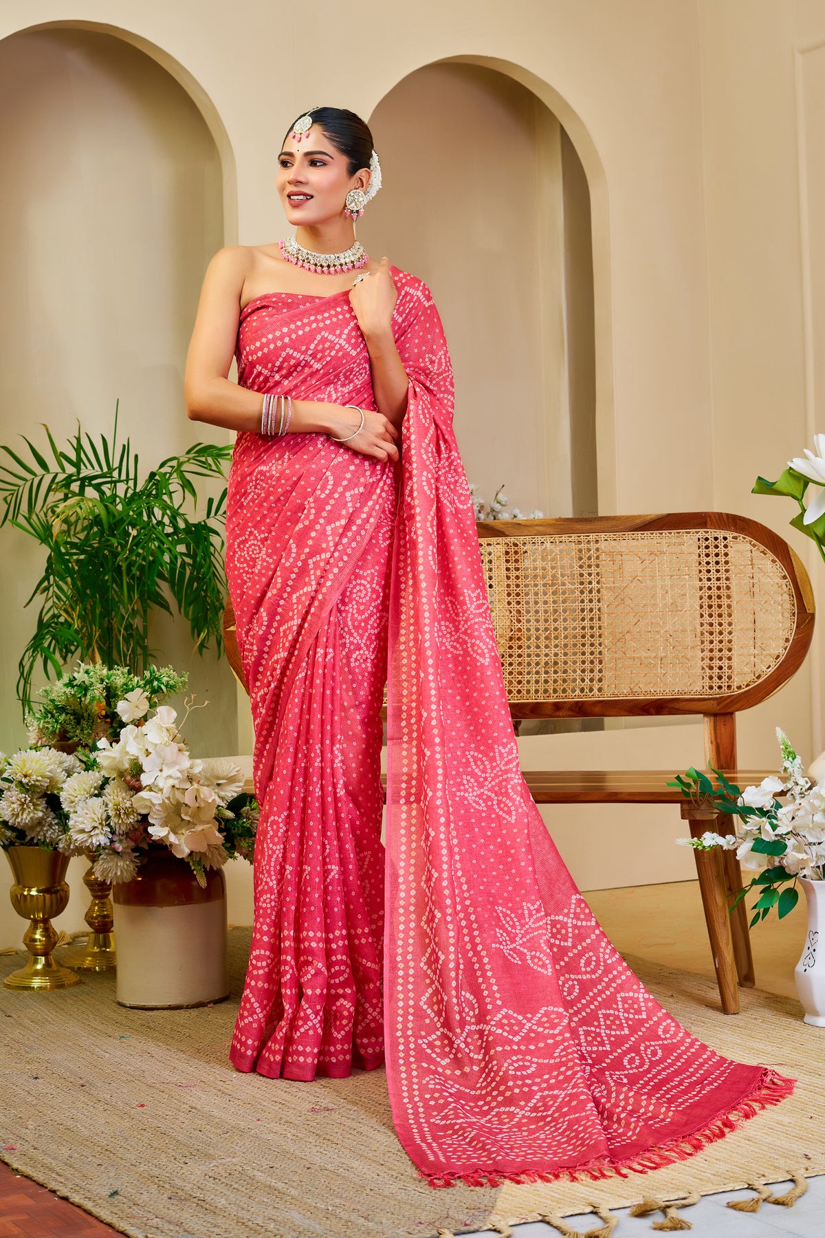 Pink Tissue Handloom Cotton Saree with Bandhani Print Work for Women