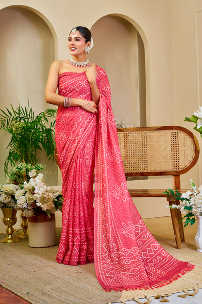 Pink Tissue Handloom Cotton Saree with Bandhani Print Work for Women