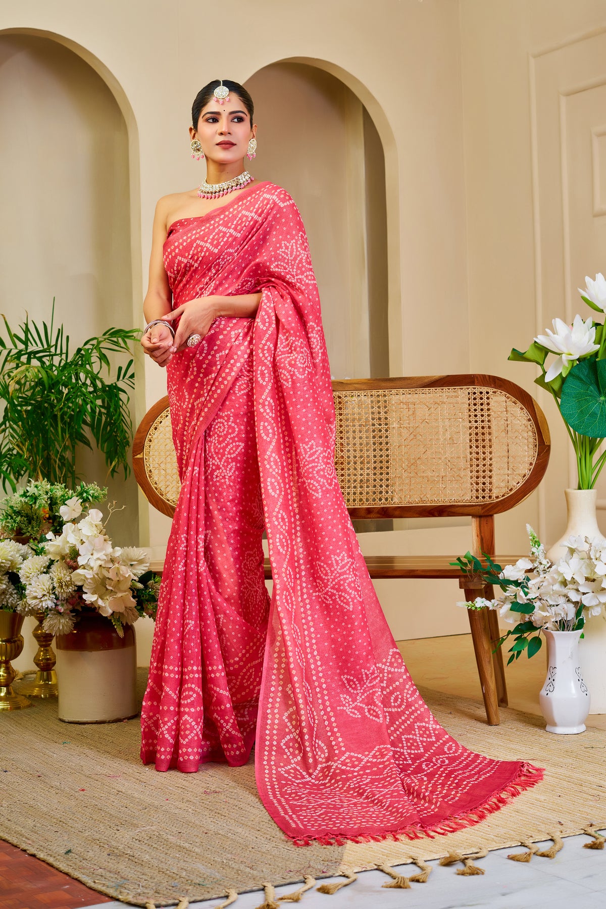 Pink Tissue Handloom Cotton Saree with Bandhani Print Work for Women