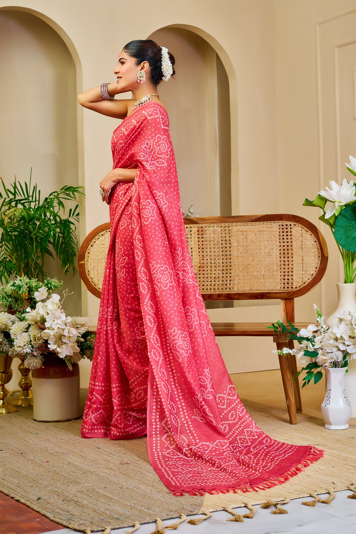 Pink Tissue Handloom Cotton Saree with Bandhani Print Work for Women