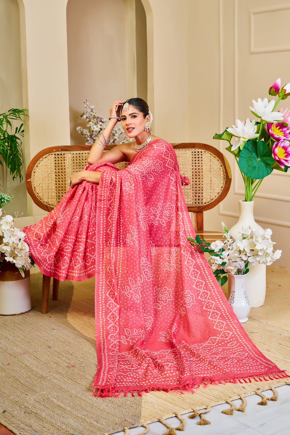Pink Tissue Handloom Cotton Saree with Bandhani Print Work for Women