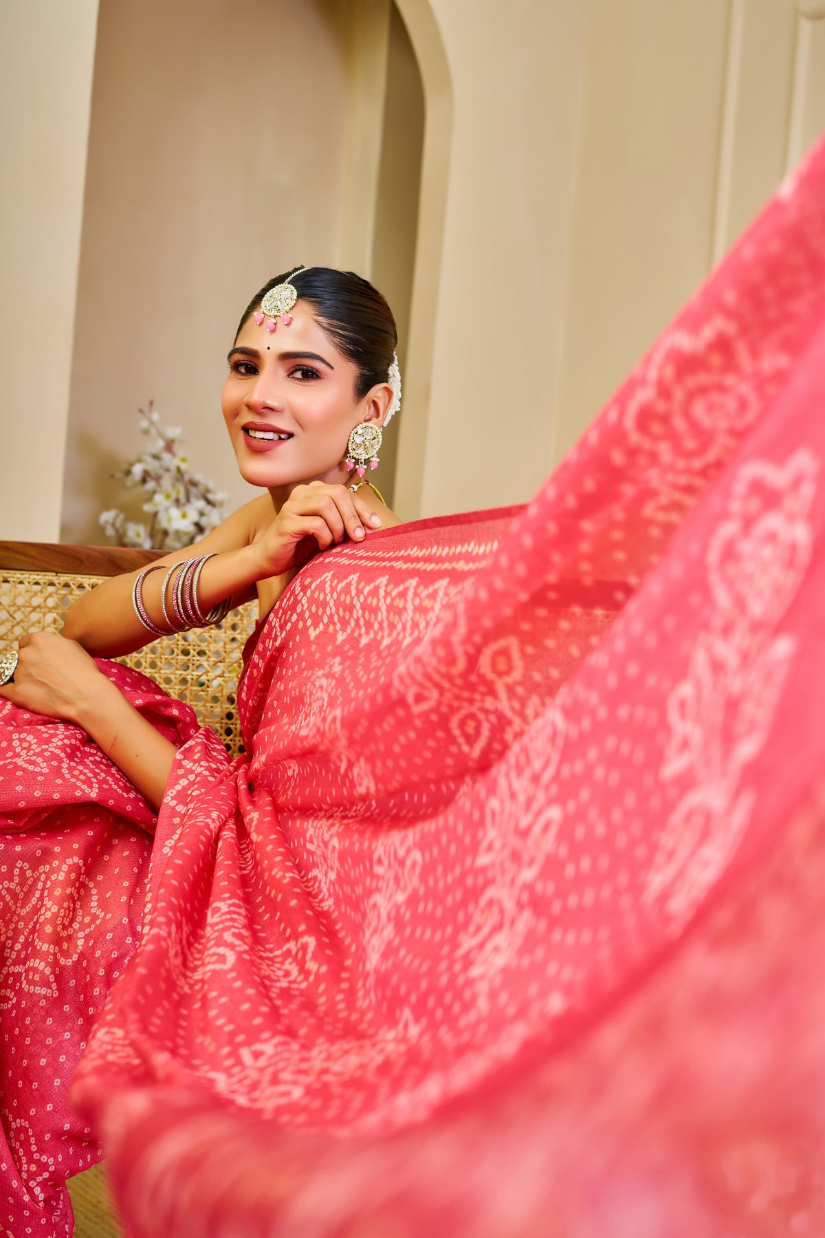 Pink Tissue Handloom Cotton Saree with Bandhani Print Work for Women