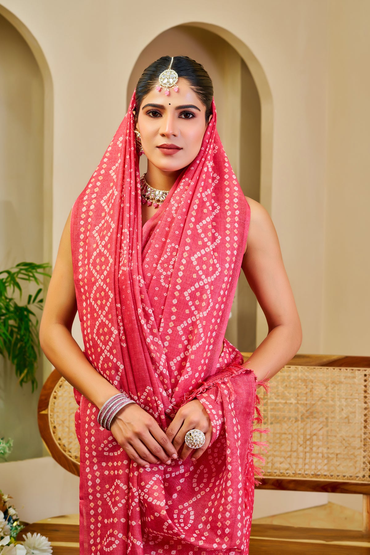 Pink Tissue Handloom Cotton Saree with Bandhani Print Work for Women