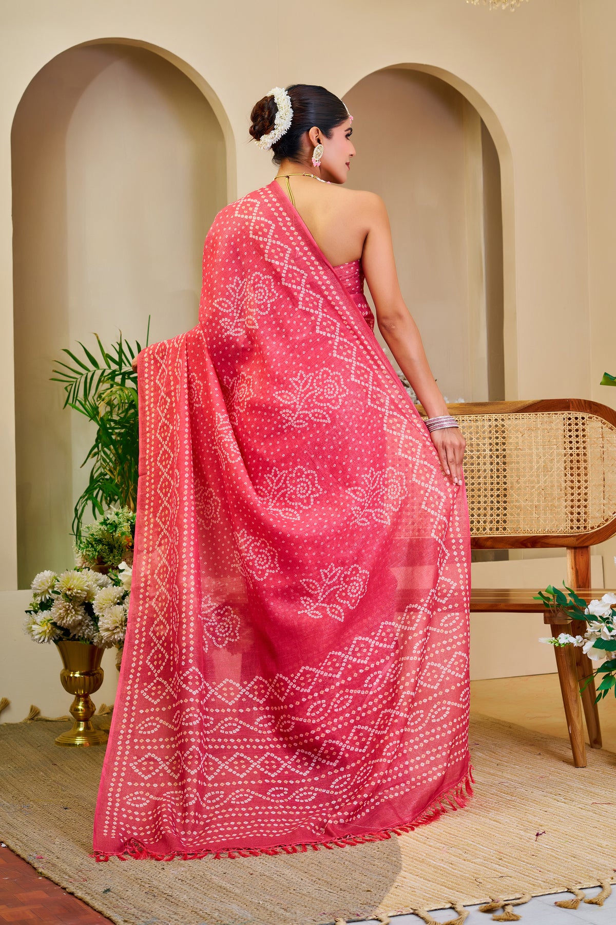 Pink Tissue Handloom Cotton Saree with Bandhani Print Work for Women