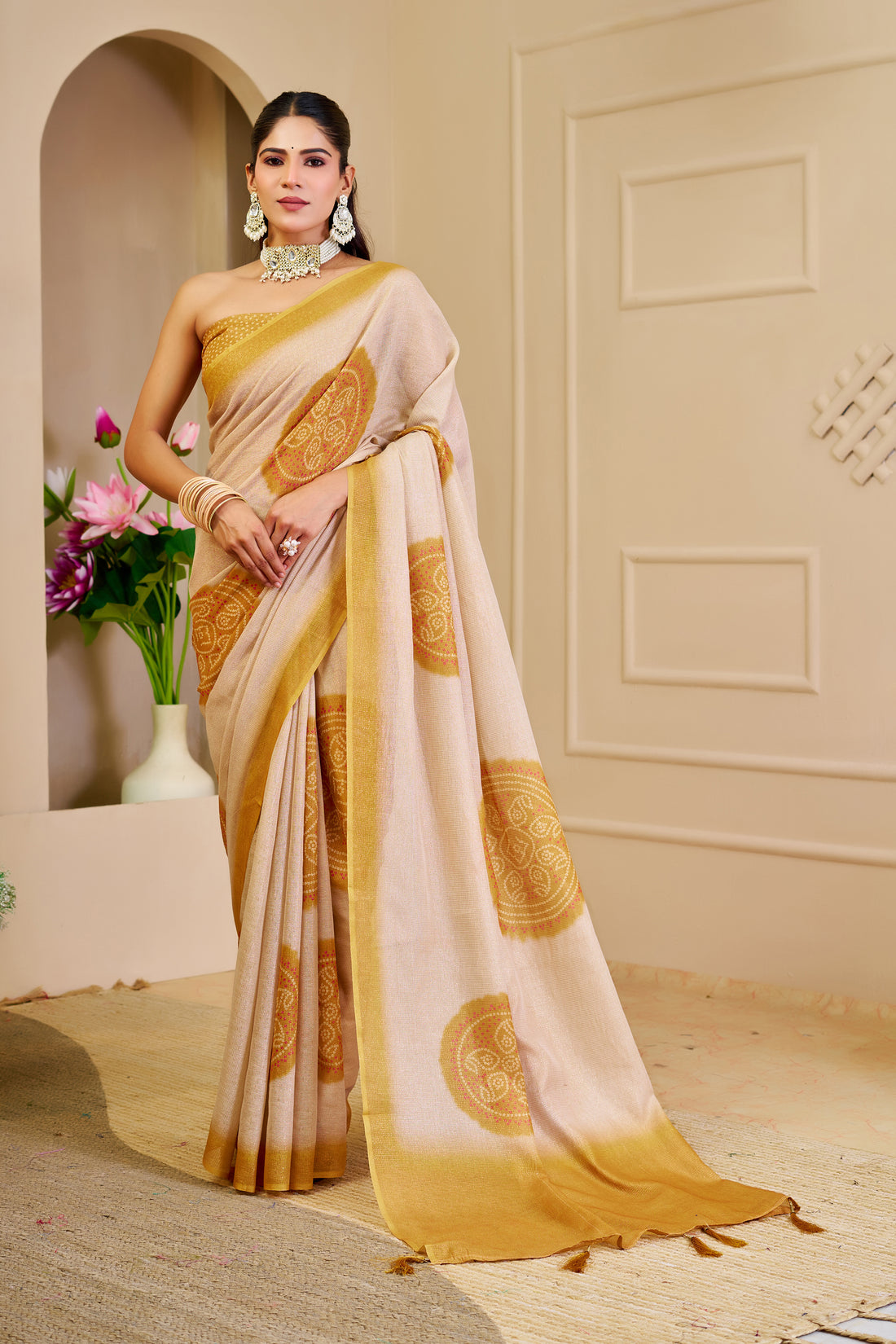 Cream Tissue Handloom Cotton Saree with Golden Motif Prints for Women