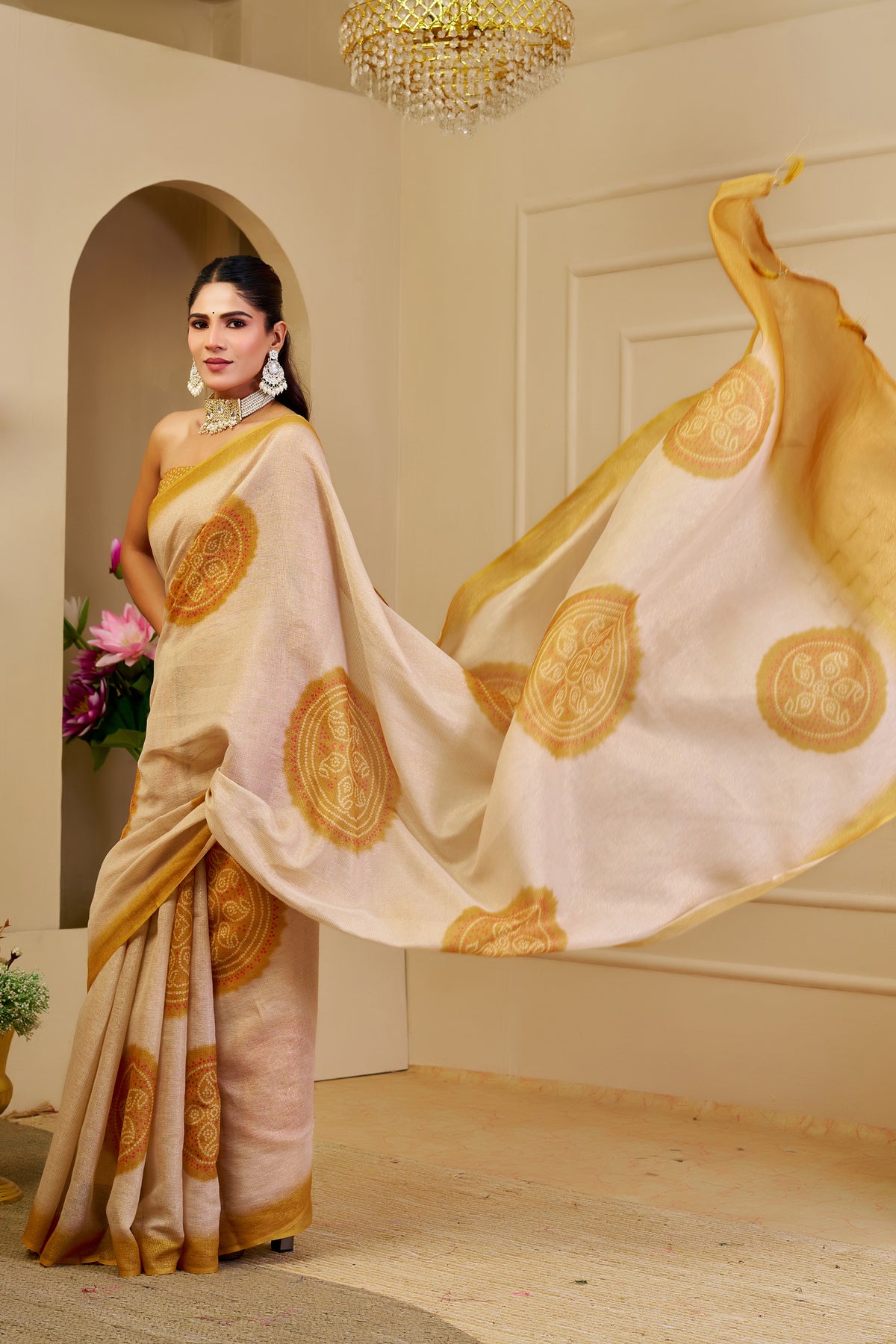 Cream Tissue Handloom Cotton Saree with Golden Motif Prints for Women