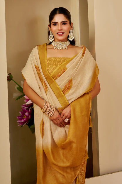 Cream Tissue Handloom Cotton Saree with Golden Motif Prints for Women