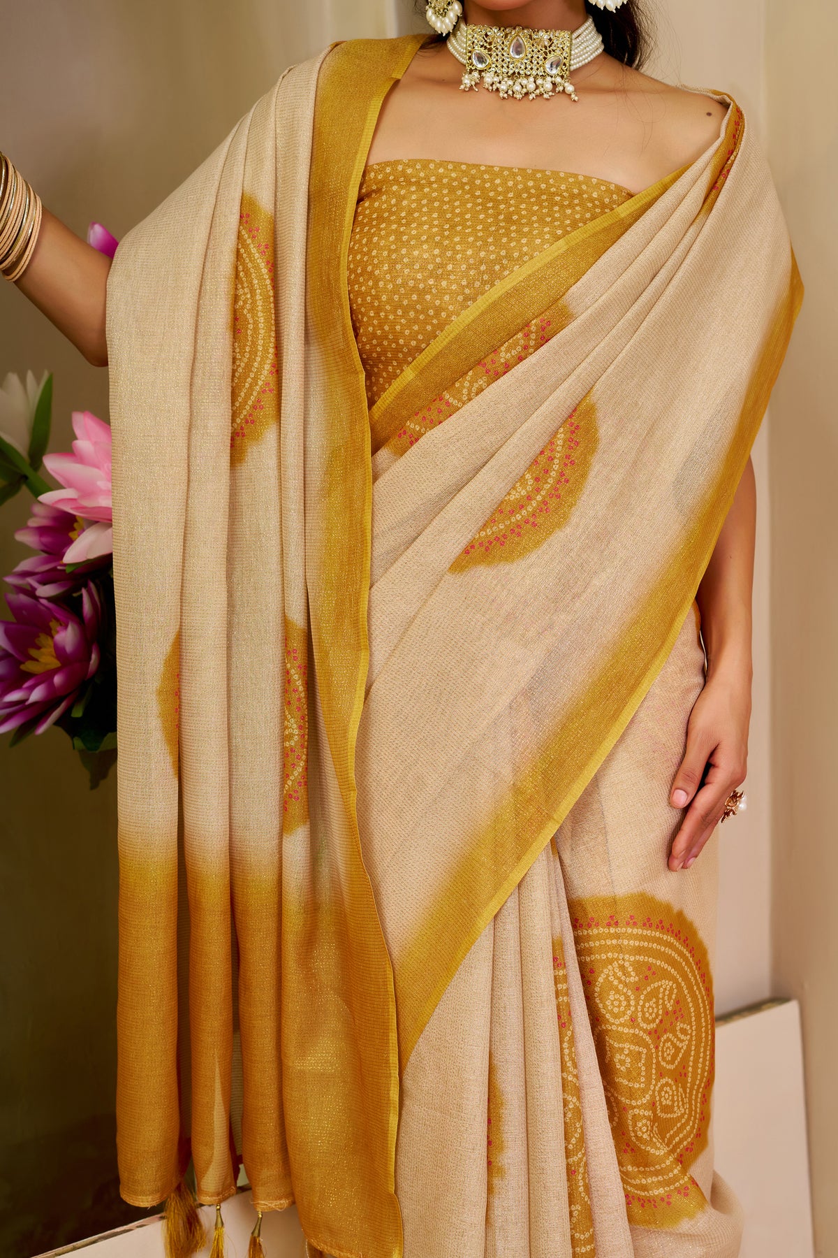 Cream Tissue Handloom Cotton Saree with Golden Motif Prints for Women