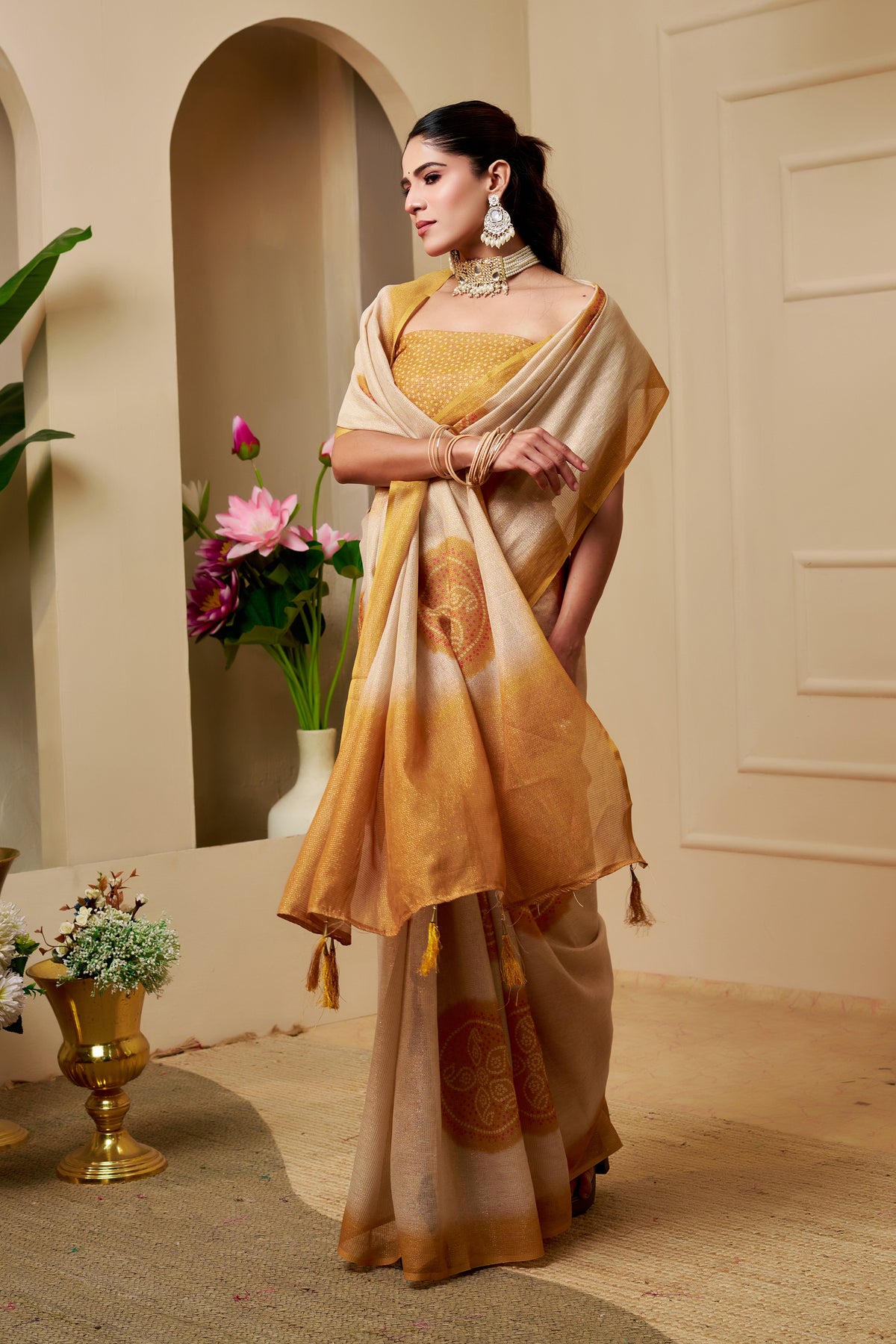 Cream Tissue Handloom Cotton Saree with Golden Motif Prints for Women