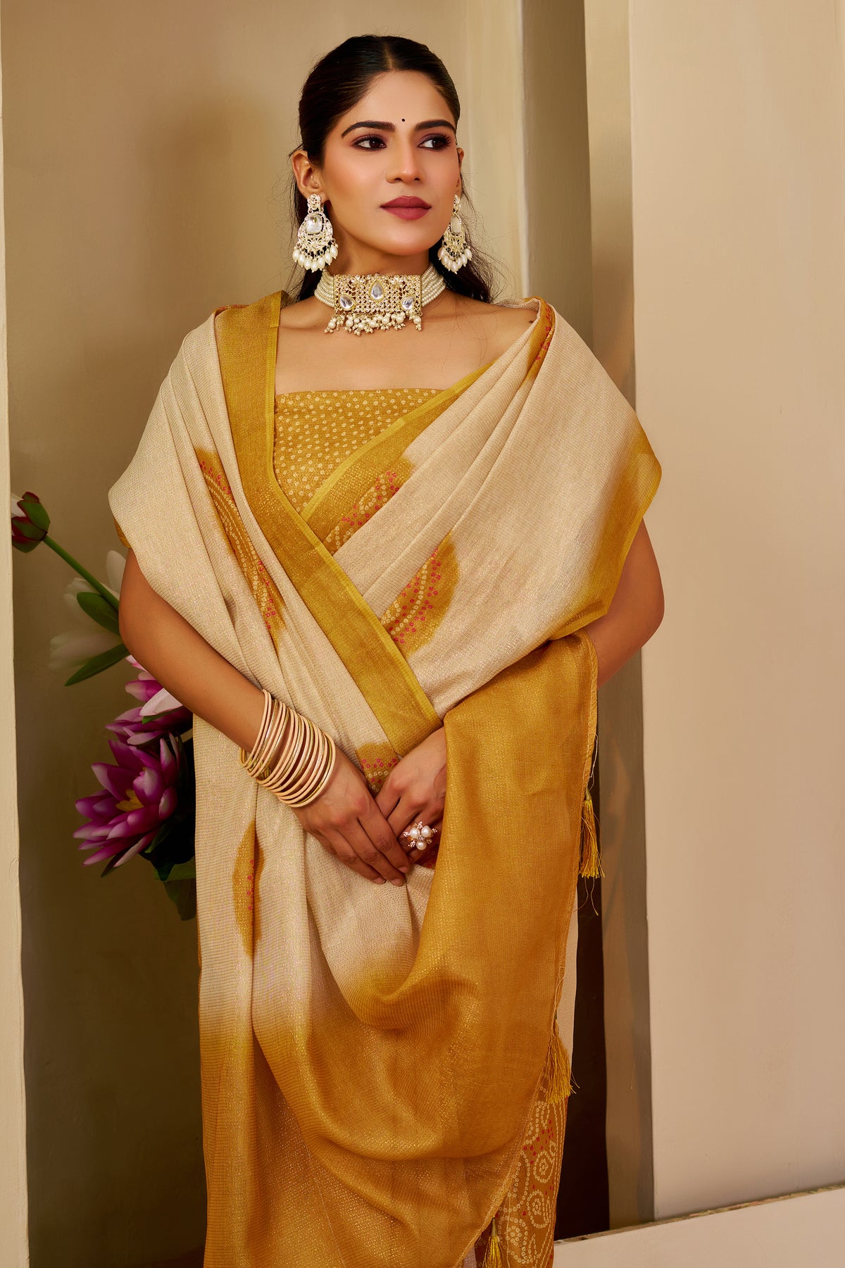Cream Tissue Handloom Cotton Saree with Golden Motif Prints for Women