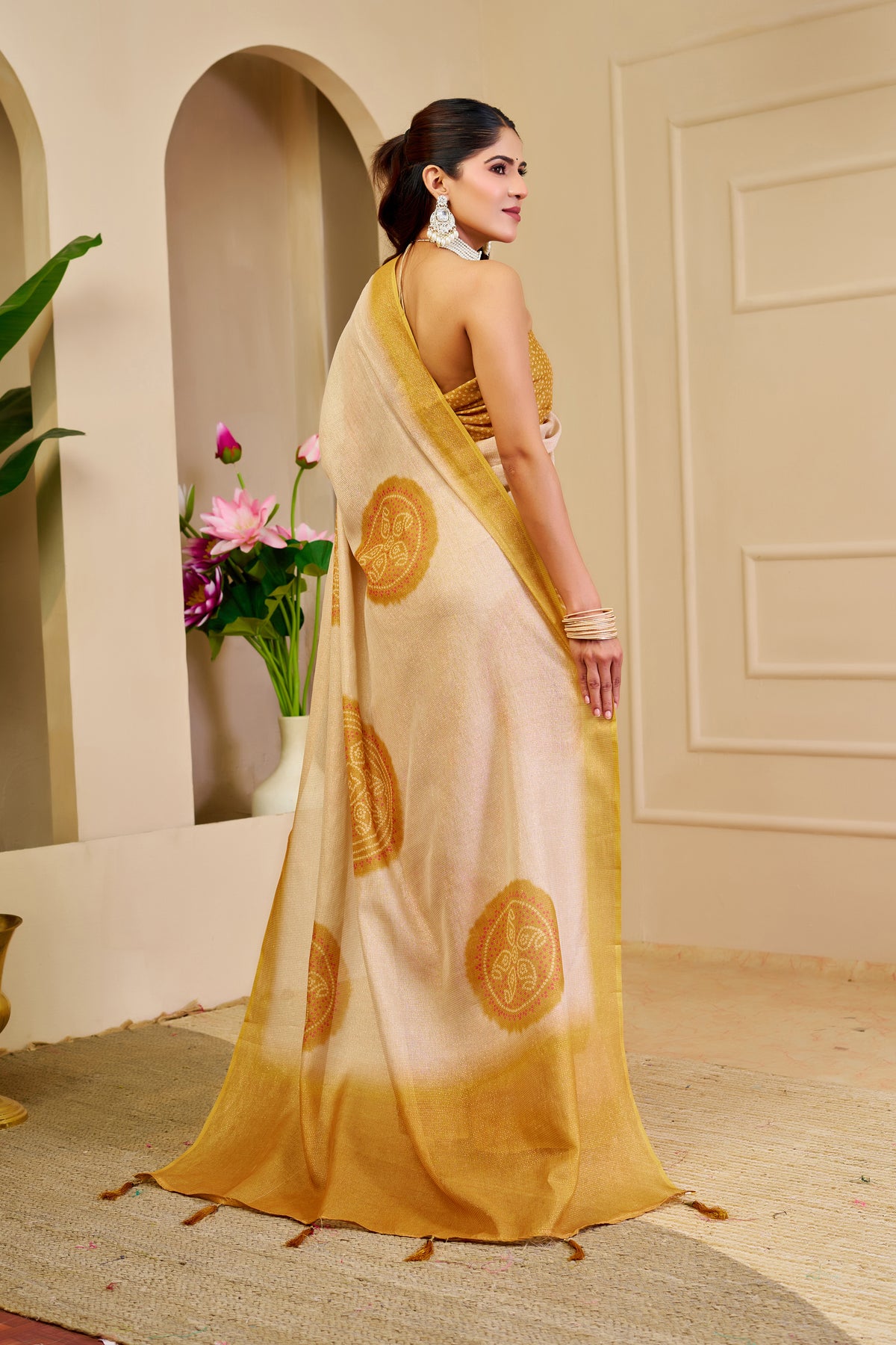 Cream Tissue Handloom Cotton Saree with Golden Motif Prints for Women