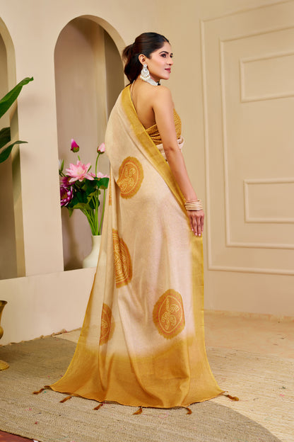 Cream Tissue Handloom Cotton Saree with Golden Motif Prints for Women
