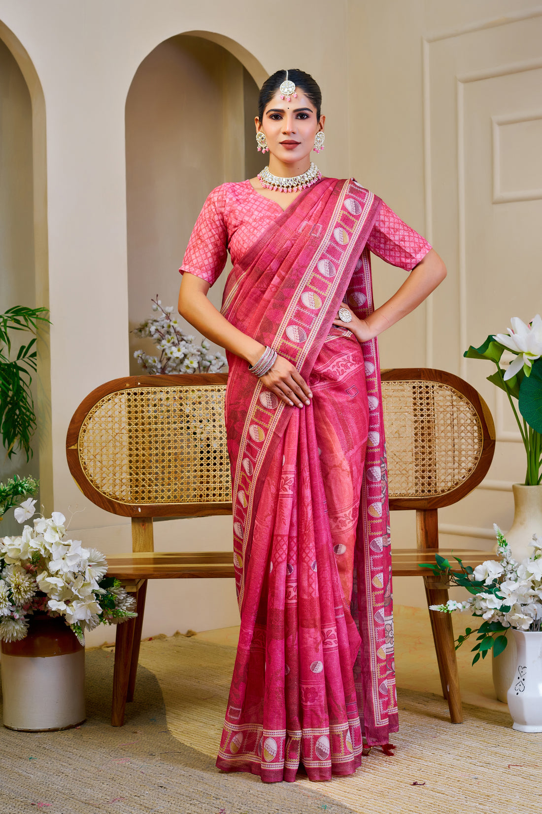 Pink Tissue Handloom Cotton Saree With Zari Weave for Women