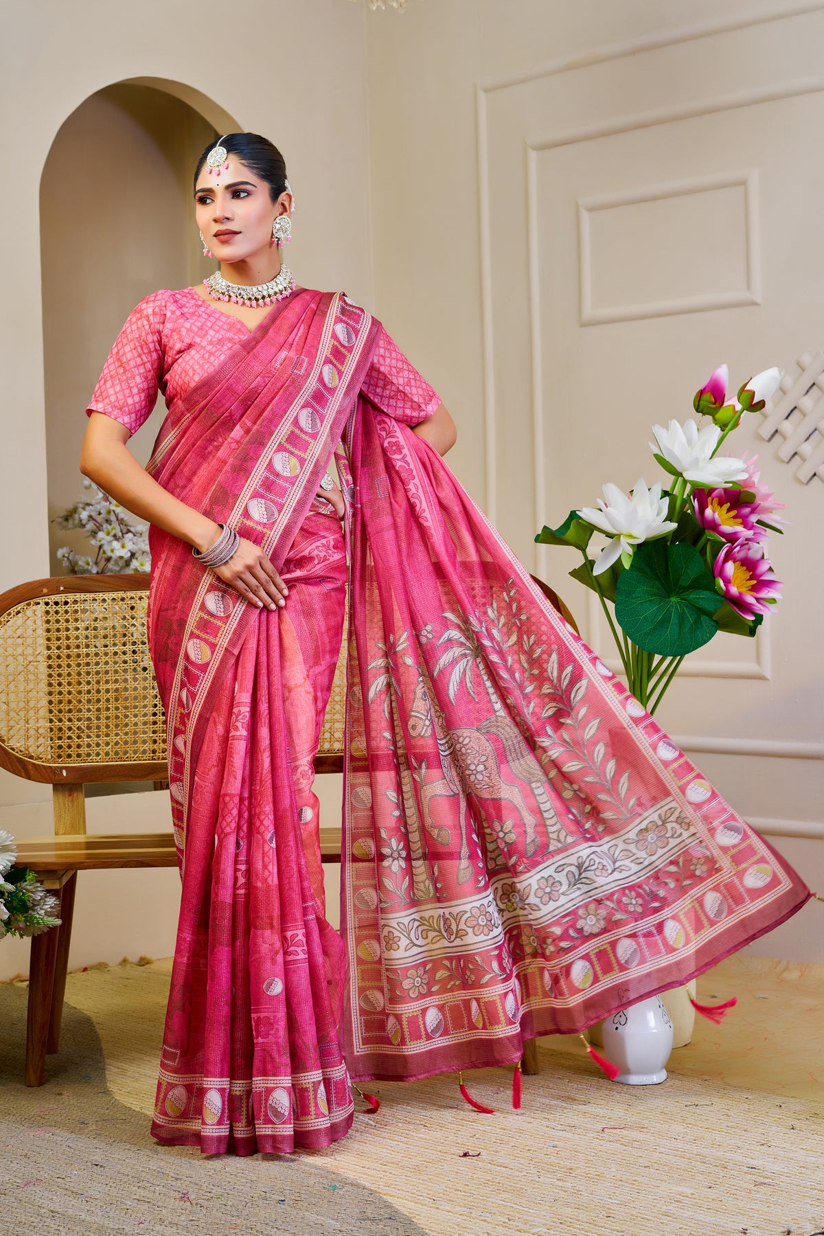 Pink Tissue Handloom Cotton Saree With Zari Weave for Women