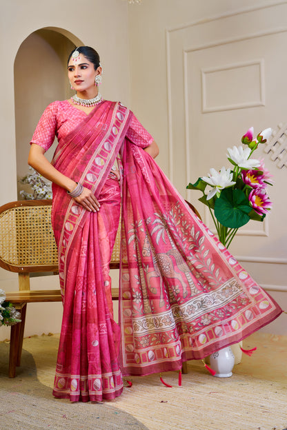 Pink Tissue Handloom Cotton Saree With Zari Weave for Women