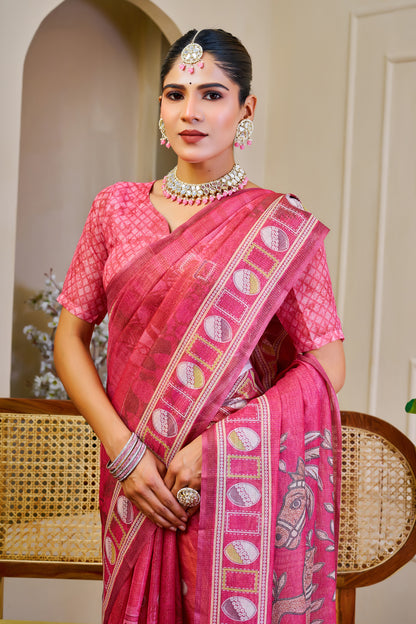 Pink Tissue Handloom Cotton Saree With Zari Weave for Women
