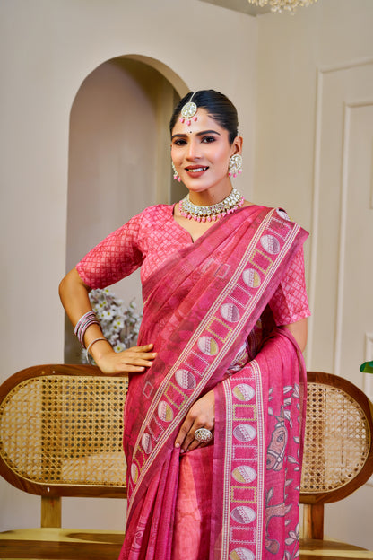 Pink Tissue Handloom Cotton Saree With Zari Weave for Women