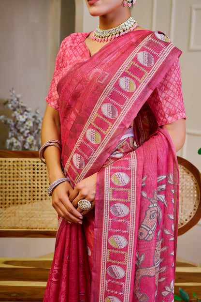 Pink Tissue Handloom Cotton Saree With Zari Weave for Women