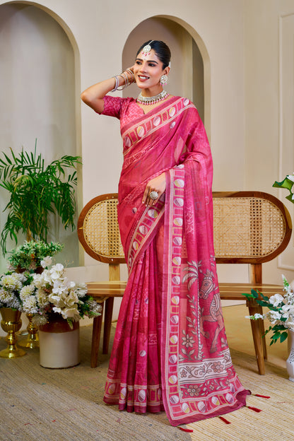 Pink Tissue Handloom Cotton Saree With Zari Weave for Women