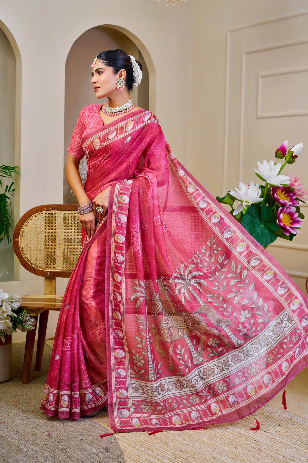 Pink Tissue Handloom Cotton Saree With Zari Weave for Women