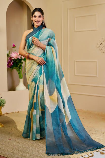 Teal Tissue Handloom Cotton Saree with Zari Weave for Women