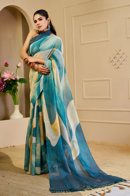 Teal Tissue Handloom Cotton Saree with Zari Weave for Women