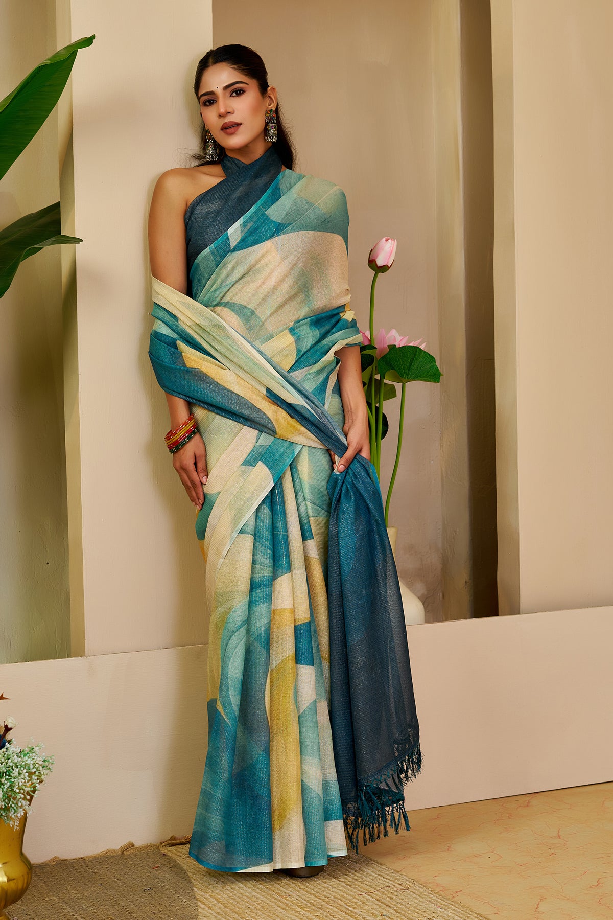 Teal Tissue Handloom Cotton Saree with Zari Weave for Women