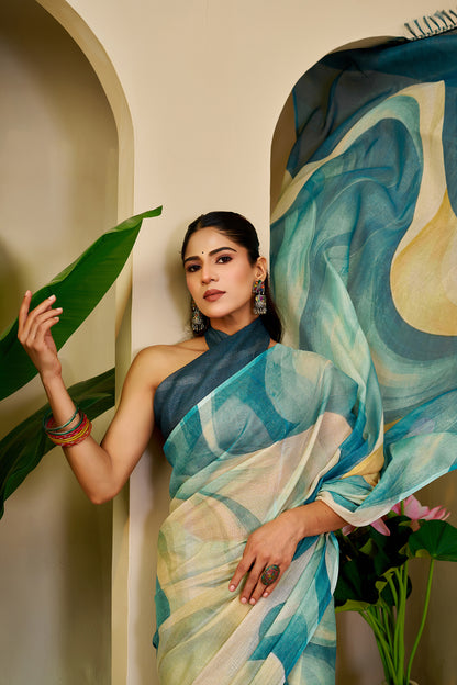 Teal Tissue Handloom Cotton Saree with Zari Weave for Women
