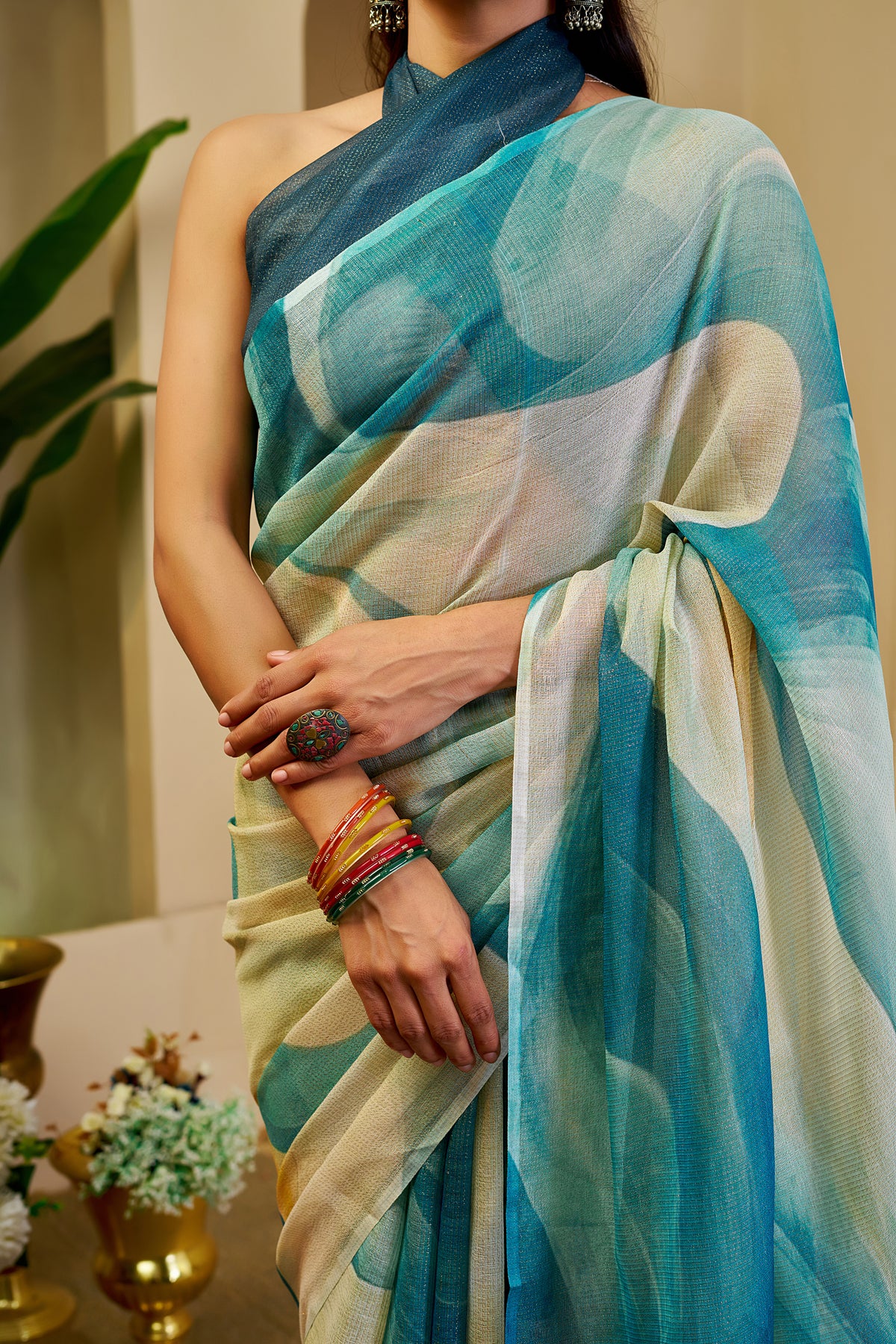 Teal Tissue Handloom Cotton Saree with Zari Weave for Women