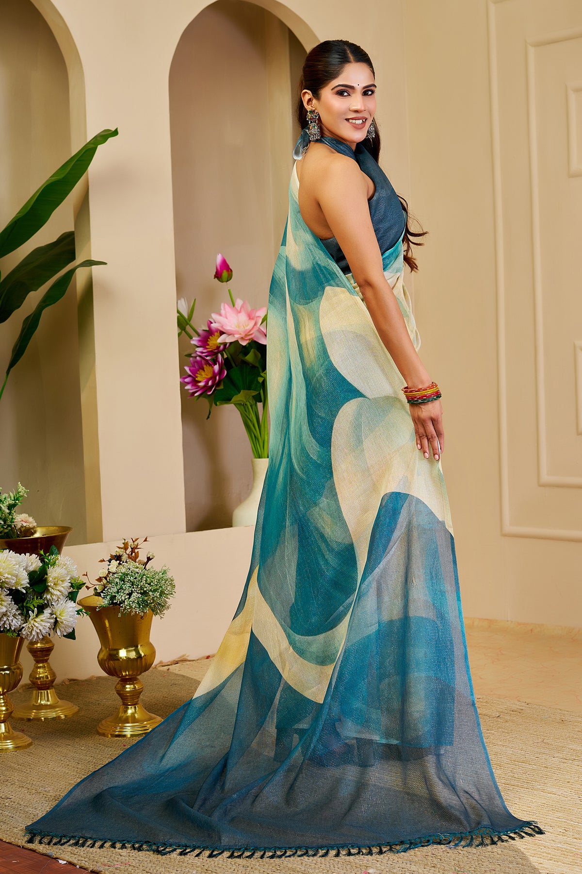 Teal Tissue Handloom Cotton Saree with Zari Weave for Women