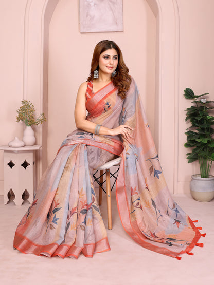 Peach Linen Cotton Floral Saree with Contrast Blue Border for Women