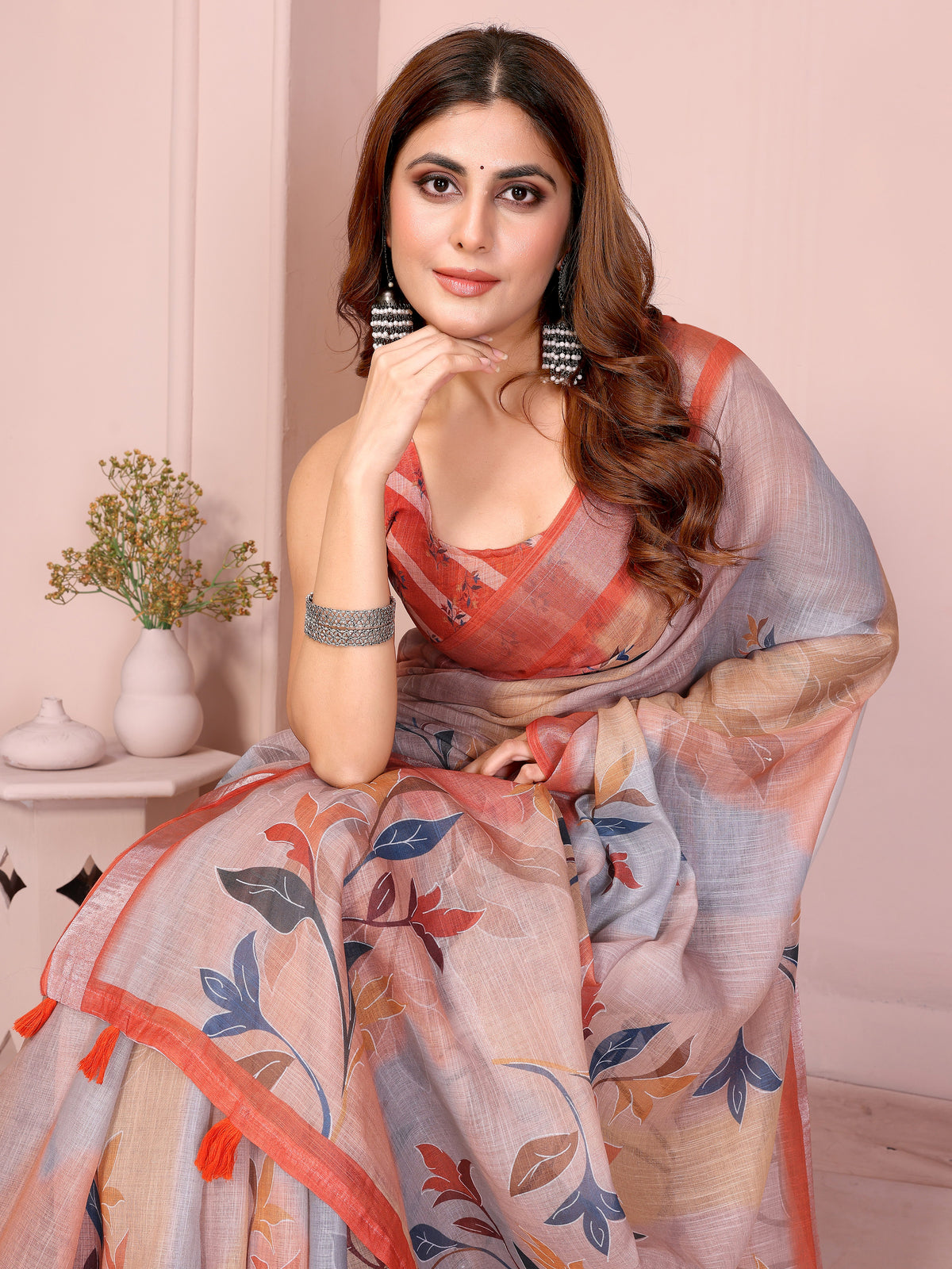 Peach Linen Cotton Floral Saree with Contrast Blue Border for Women