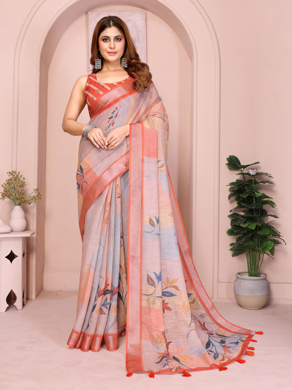 Peach Linen Cotton Floral Saree with Contrast Blue Border for Women