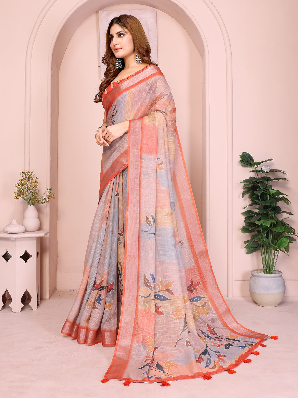Peach Linen Cotton Floral Saree with Contrast Blue Border for Women