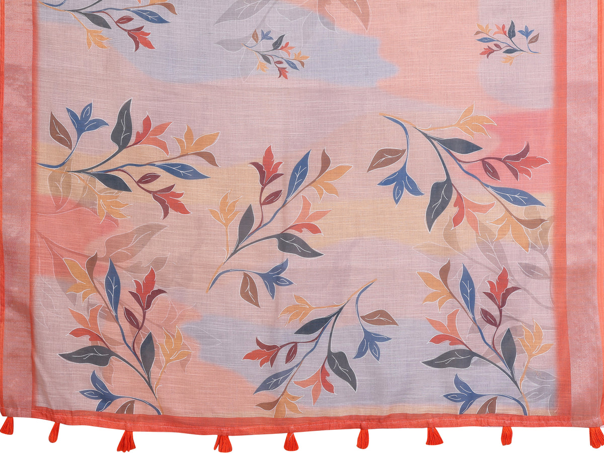 Peach Linen Cotton Floral Saree with Contrast Blue Border for Women