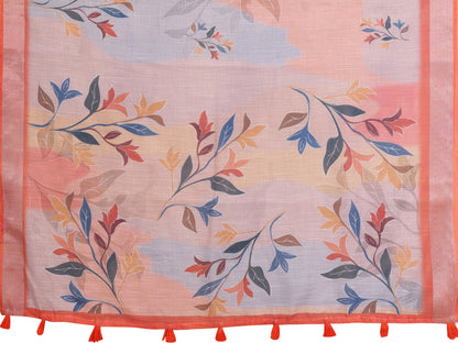 Peach Linen Cotton Floral Saree with Contrast Blue Border for Women