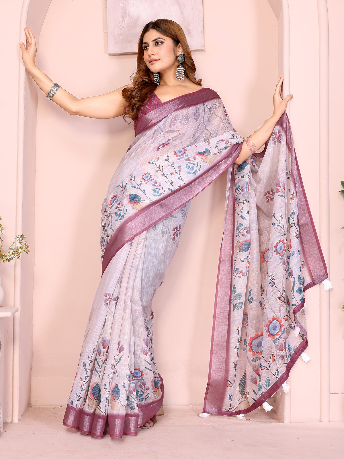 Lavender Linen Cotton Floral Print Saree with Contrast Border