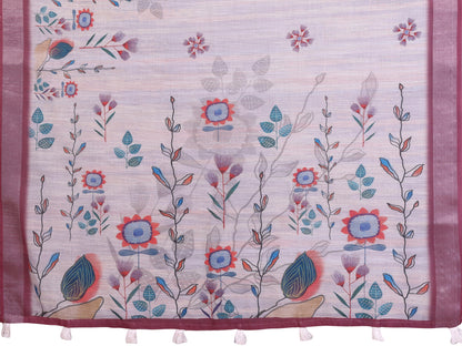 Lavender Linen Cotton Floral Print Saree with Contrast Border