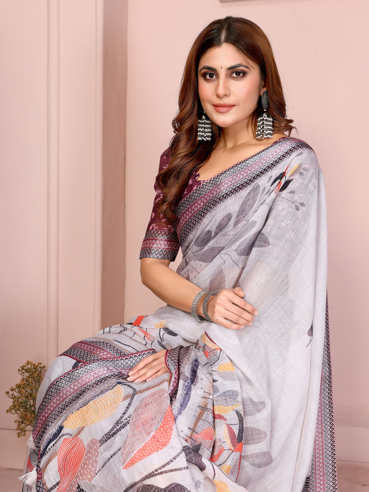 Light Grey Linen Cotton Floral Print Saree with Blue Border for Women