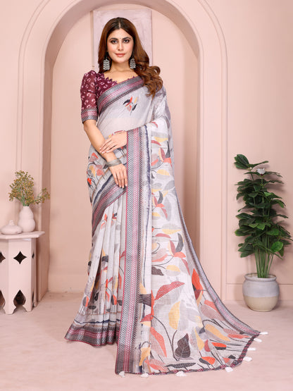 Light Grey Linen Cotton Floral Print Saree with Blue Border for Women