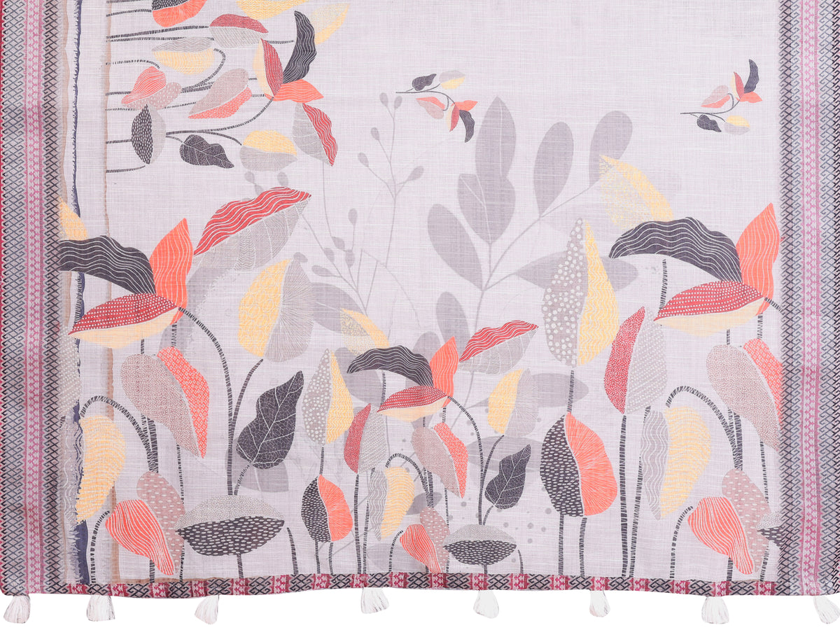 Light Grey Linen Cotton Floral Print Saree with Blue Border for Women